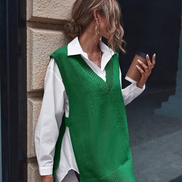 Casual Womens Split Side Sweater Vest Green - Picture 4 of 5